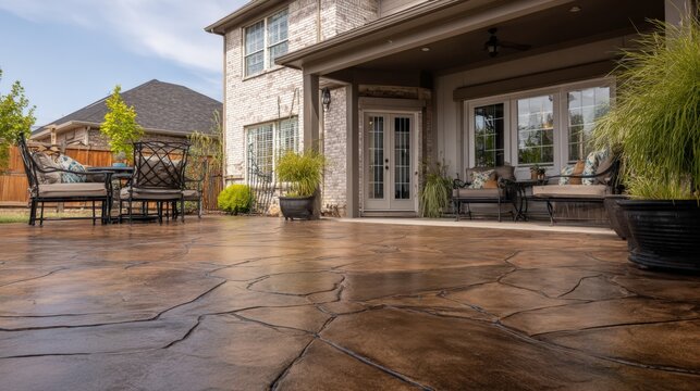 Team applying custom stamped concrete finish to a Weatherford, TX patio for a residential backyard makeover
